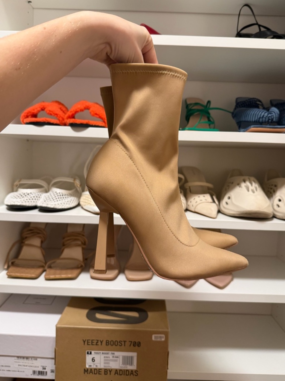 Beige Stretch Sock Bootie with Sculpted Heel